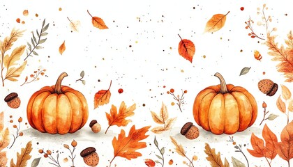 Naklejka premium Autumn watercolor pumpkins, leaves, acorns. Fall harvest background.