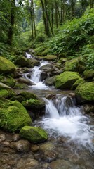 Obraz premium Lush green forest with a flowing stream over mossy rocks, creating small waterfalls.