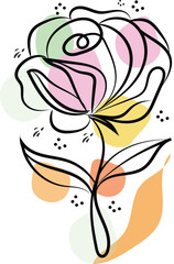 Abstract Line Art Flower with Pastel Color Splashes Botanical Illustration