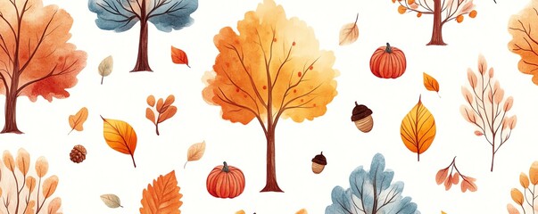 Obraz premium Autumn watercolor seamless pattern. Trees, leaves, pumpkins, acorns.