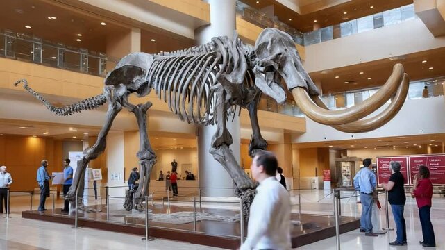 Ancient Mammoth Skeleton Display: Captivating shot of an ancient mammoth skeleton in a museum, providing insights into the past, alongside diverse visitors in a well-lit hall.