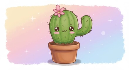 Charming Kawaii Cactus Illustration with Pastel Colors and Expressive Features