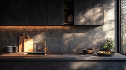 Modern minimalist kitchen interior with dark wood cabinets, grey marble countertops, and brass faucet under soft lighting on a grey background. 3D Rendering,