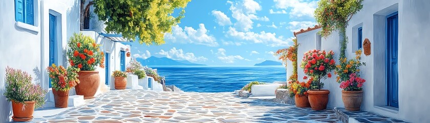 Obraz premium Idyllic seaside village street. Whitewashed houses, flowers, ocean view.