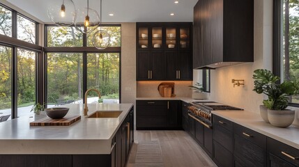 Fototapeta premium Modern minimalist kitchen interior with dark wood cabinets, grey marble countertops, and brass faucet under soft lighting on a grey background. 3D Rendering,
