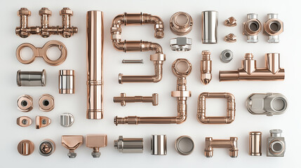 Obraz premium Neatly arranged plumbing components in 45-degree overhead view with soft studio lighting, clean white background, f/8.0 aperture