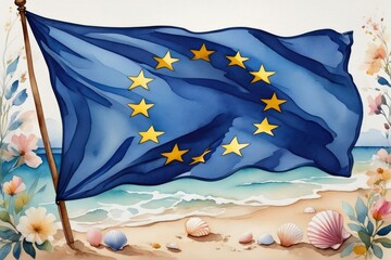 Europe Day.  European union flag on beach with seashells and flowers in tranquil summer scene