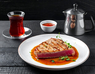 Seared tuna steak on a white plate with sauce, tea, and condiments against a dark wood backdrop, culinary presentation.