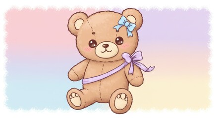 Fototapeta premium Charming Kawaii Teddy Bear Illustration with Pastel Colors and Ribbon Accents