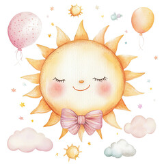 Charming Illustration of a Sleeping Sun Surrounded by Balloons Clouds and Stars Isolated on a Transparent PNG Background Baby Room Decoration