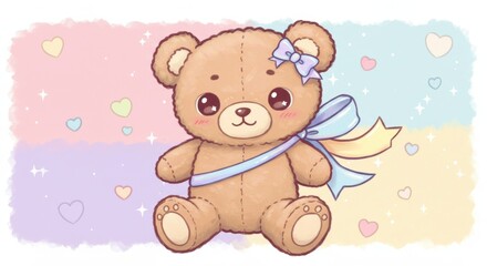 Adorable teddy bear illustration with dreamy pastel hues and soft, cute appearance