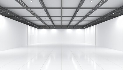 Clean bright empty white exhibition space with metal truss ceiling structure