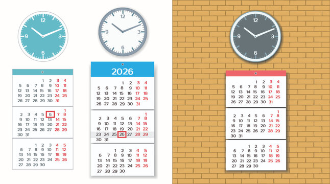 Wall Clock and Calendar 2026 with shadow with transparency and without shadow. Cock and Calendar mounted on brick wall background. Vector illustration.