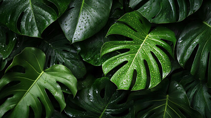 Fototapeta premium Close-up of lush green monstera leaves, perfectly wet with water droplets, creating a fresh, natural scene.