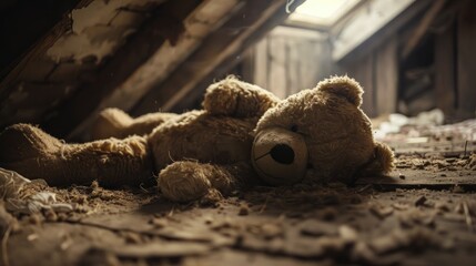 Worn teddy bear in attic