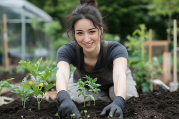 Fototapeta premium Woman is planting some plants in a garden