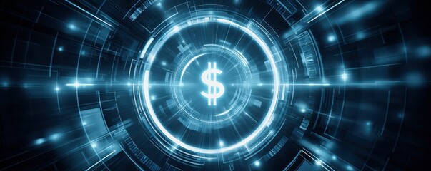 Obraz premium A glowing dollar sign is centered in a futuristic, digital interface with blue and white neon lights and circular patterns.