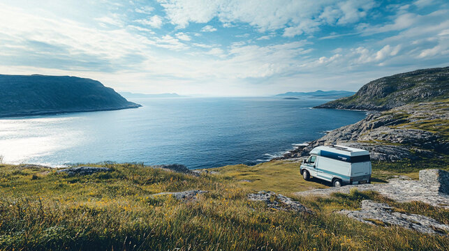 A campervan parked on a cliff overlooking the vast ocean, creating a tranquil scene for adventurers.