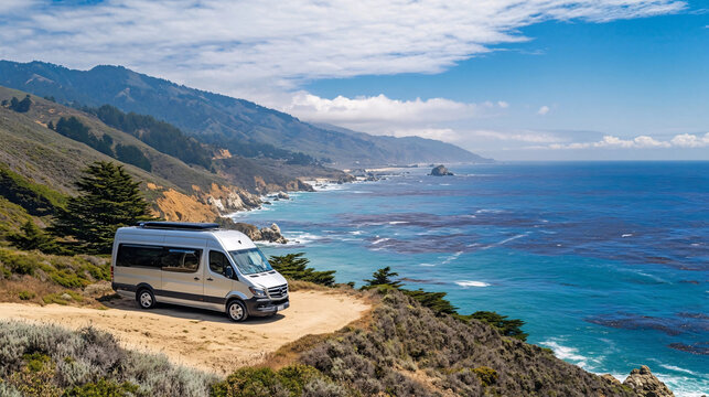 A camper van parked at a scenic overlook with ocean views on a sunny day in california.