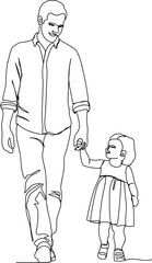 Father and daughter walking together holding hands line art for Happy father's day celebration