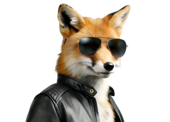 Cool fox wearing sunglasses and leather jacket  isolated on white background PNG