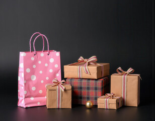 Pink and brown gift bags and boxes with ribbons arranged on a black background, creating a festive and celebratory atmosphere for special occasions