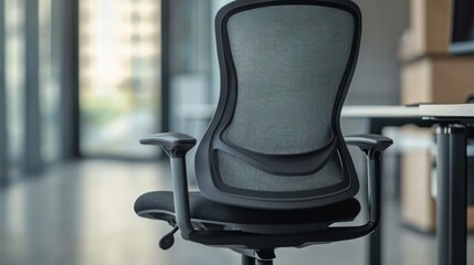 Fototapeta premium A professional ergonomic chair with a high mesh back and black cushioned seat for extra support.