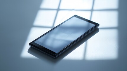 Smartphone resting on a reflective surface with soft sunlight casting shadows in a modern setting