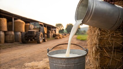 Golden hour light bathes a rustic farm scene as fresh milk pours from a metal can into a bucket, hay bales and a tractor subtly in the background, creating a peaceful pastoral image.