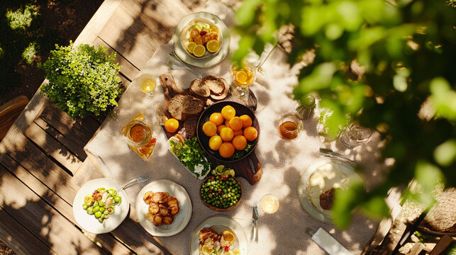 An overhead view of a beautifully arranged outdoor meal, perfect for a sunny summer gathering.