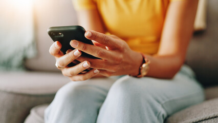 Typing, home and hands of person with phone for connection, social media and networking. Living room, closeup and girl on smartphone for website search, internet and communication for online chat