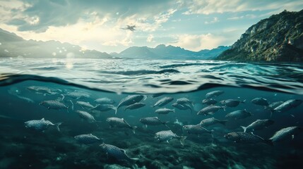 Majestic lake scene with schools of fish beneath the surface.
