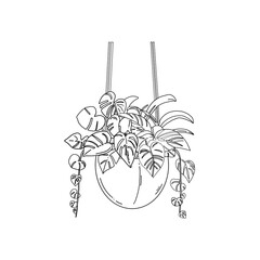 minimal indoor plant pot decoration line art doodle simple outline.
