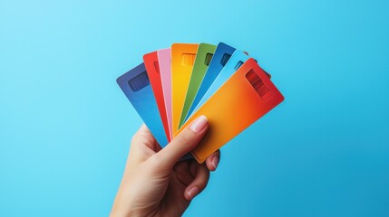 Fototapeta premium A hand holding a stack of colorful gift cards, perfect for various occasions and celebrations