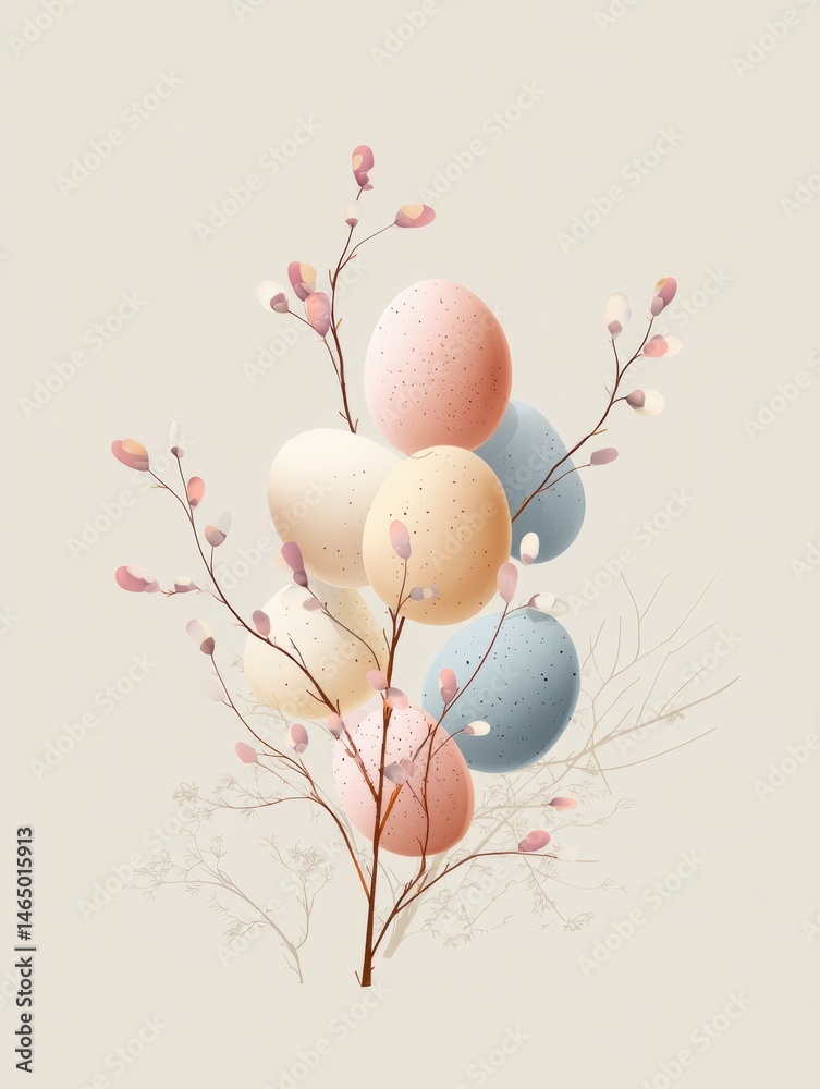 Poster floating pastel eggs surrounded by delicate branches in a serene, minimalist composition generative 