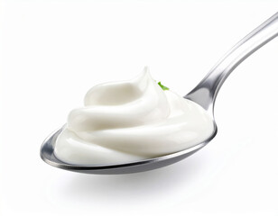 Metal spoon holding smooth and creamy yogurt