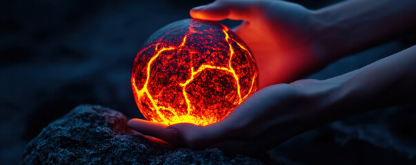 Pair of hands gently cradles glowing, cracked artifact, emitting warm light in dark setting