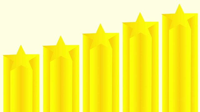 5 Stars animation, geometric design with levelling 3d star blocks, position blocks, 4k looping video, 3d render, yellow background with stars, 3D animation, 3D Cube, star, golden stars pillar