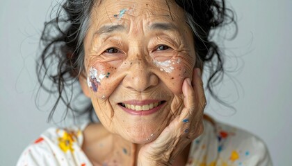 portrait of an elderly Japanese woman with paint stains on her face, expressing grace, wisdom, and a touch of artistic charm, aging, cultural identity, creativity, and senior lifestyle