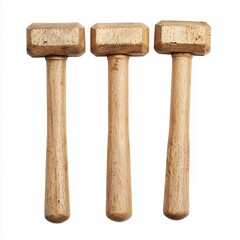 Three Beige Rubber Mallets with Wooden Handles on White Background