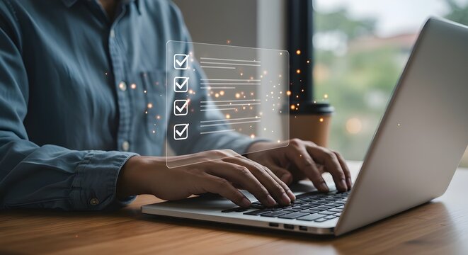 El hombre de negocios usa un bol&iacute;grafo para marcar la casilla de verificaci&oacute;n correcta para la lista de control de documentos de calidad y el concepto de proyecto de aprobaci&oacute;n empresarial.