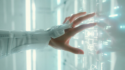 Futuristic robotic arm interacting with digital interface