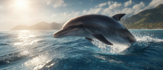 Fototapeta premium Dolphin jumping in clear blue ocean tropical coastline nature scene