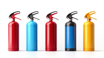 Obraz premium Colorful Fire Extinguishers in Different Colors for Safety and Emergency Preparedness