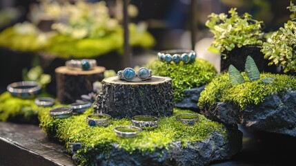 A soft moss-covered stand displaying gemstone rings