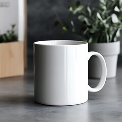 Fototapeta premium Isolated White Ceramic Mug Closeup with Plant Pot Indoor Minimalist Style
