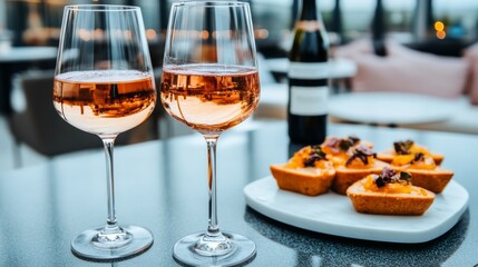 Naklejka premium Elegant glasses of rosé wine paired with delicious appetizers on a table