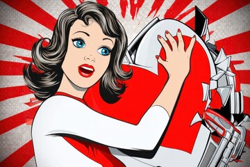 Retro Style Illustration of a Woman Embracing a Heart with Action Elements and Emotional Themes for Connection and Healing