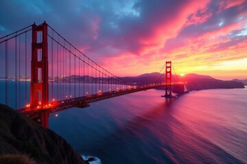 Obraz premium Sunrise paints Golden Gate Bridge vibrant hues, california, sunset, historic