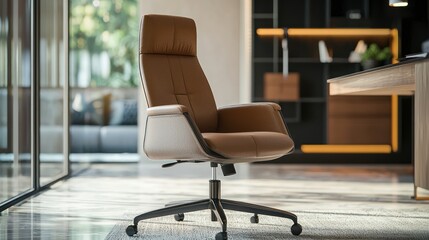 Fototapeta premium A sturdy office chair with armrests and cushioned padding, suitable for corporate environments.